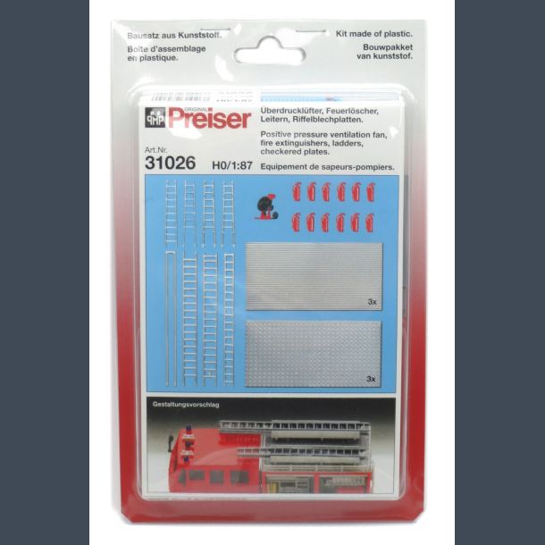 Positive pressure ventilation fan, fire extinguishers, ladders and checkered plates