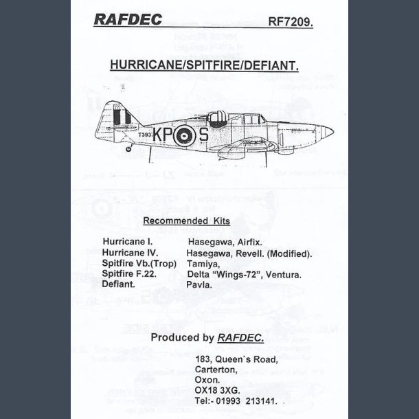Hurricane / Spitfire / Defiant decals